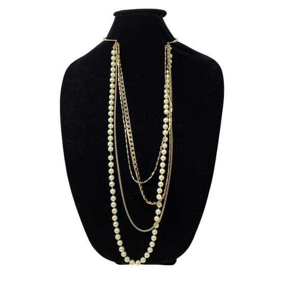 Express Multi Strand Long Statement Necklace Pearls Gold Tone Chains NEW - Picture 2 of 5